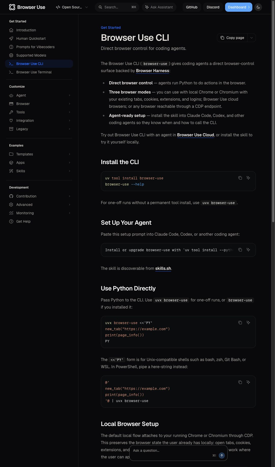 Official Browser Use CLI documentation explaining direct browser control and local Chrome setup