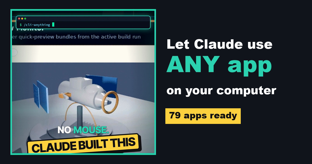 CLI-Anything demo of an agent building a drone in Blender, next to the words Let Claude use any app on your computer