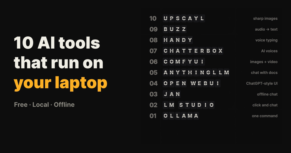 Split-flap board listing ten AI tools that run on your laptop