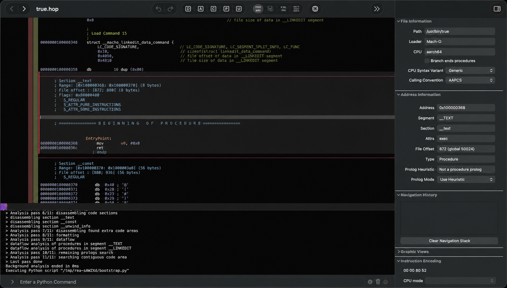 REA running an analysis inside the Hopper disassembler
